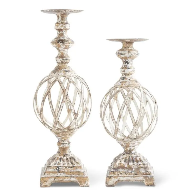 18" White & Gold Washed Woven Metal Candle Holder