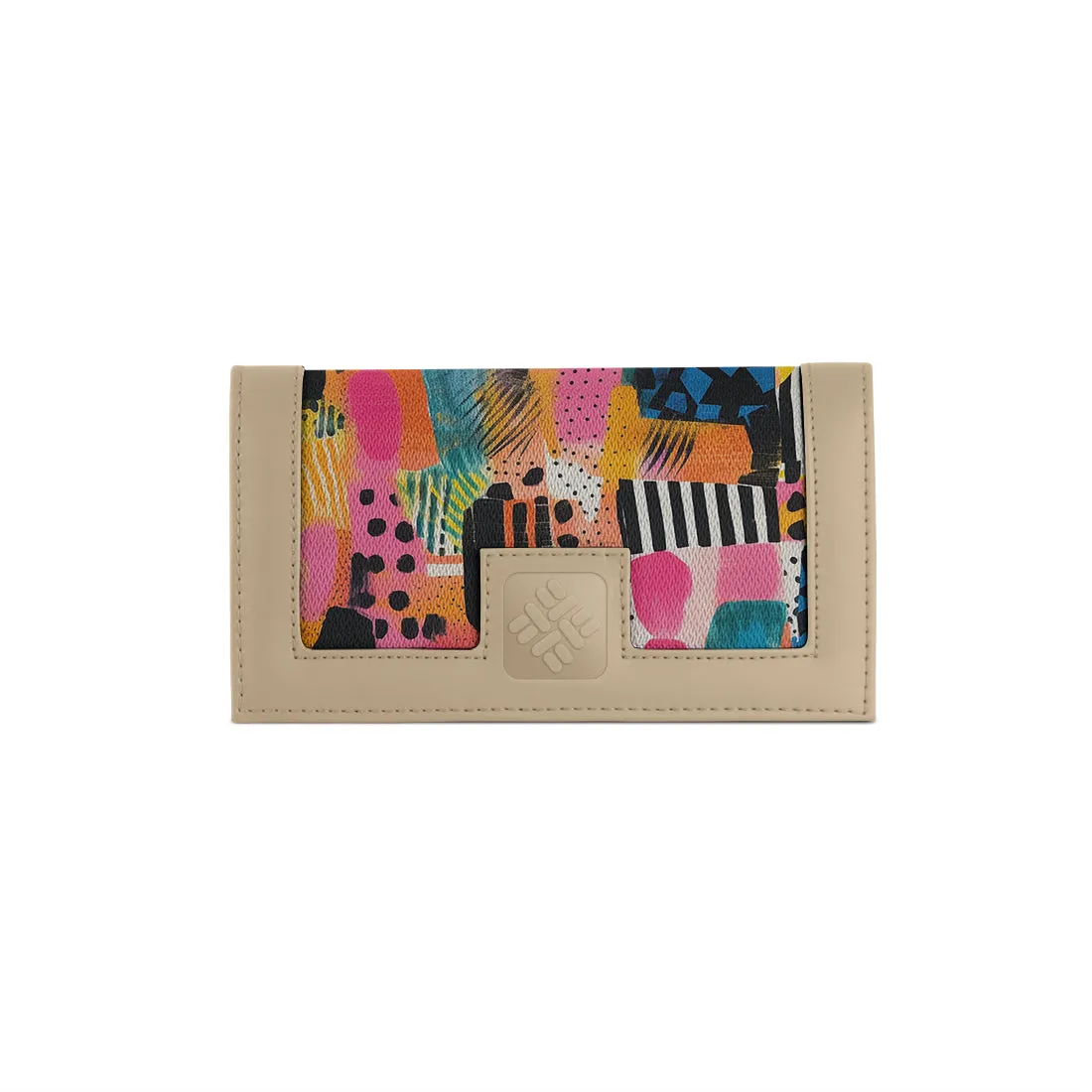 Beige Sleek Elegance Fold Wallet in Whimsical Patchwork Delight