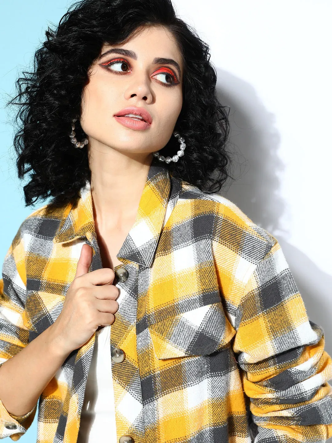 Berrylush Women Yellow & Charcoal Grey Checked Pattern Spread Collar Neck Cotton Straight Hem Tailored Regular Jacket