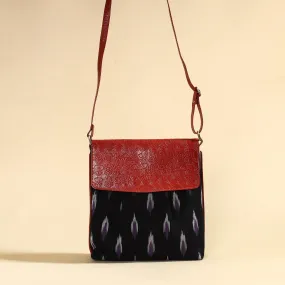 Black - Handcrafted Ikat Fabric Sling Bag with Embossed Leather Flap