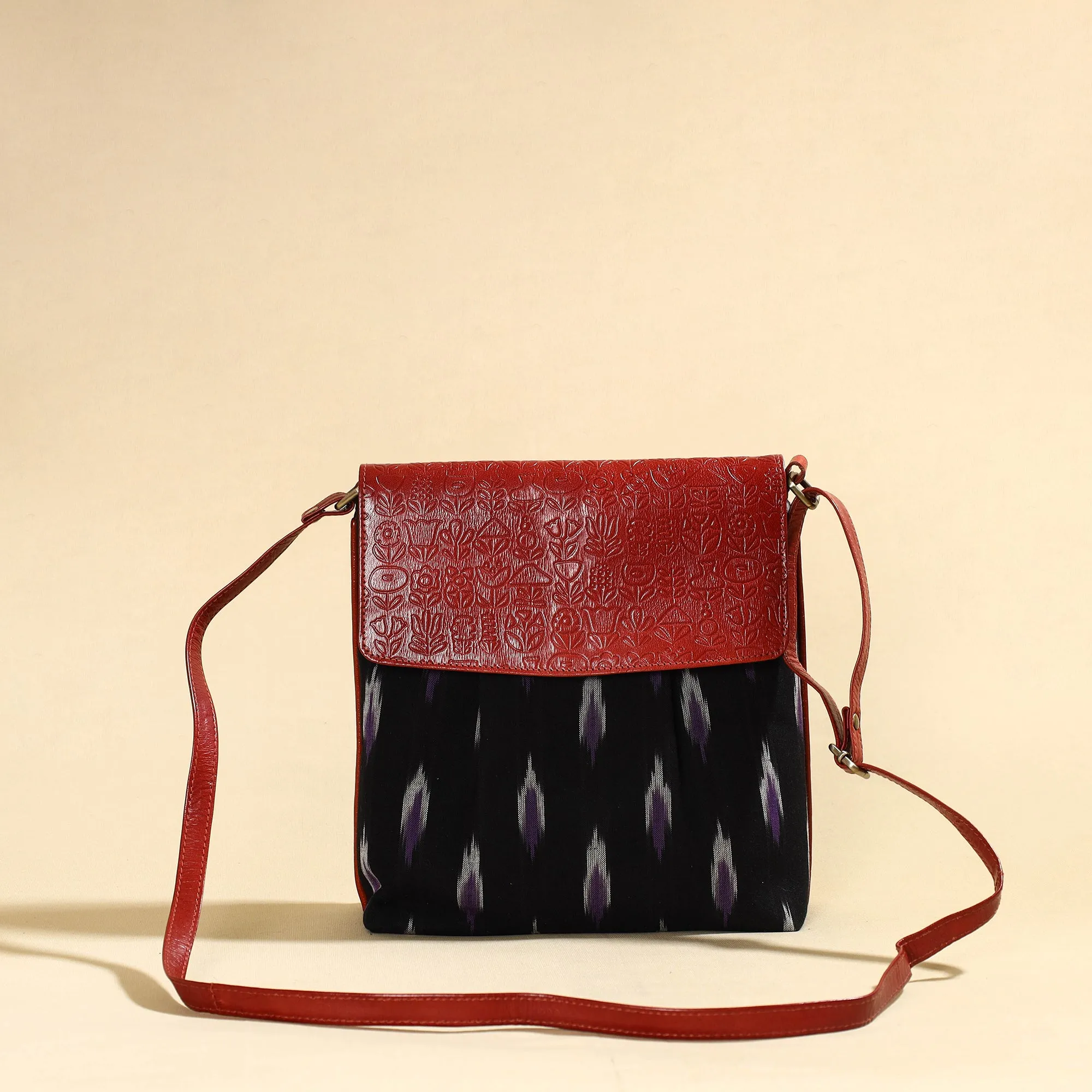 Black - Handcrafted Ikat Fabric Sling Bag with Embossed Leather Flap
