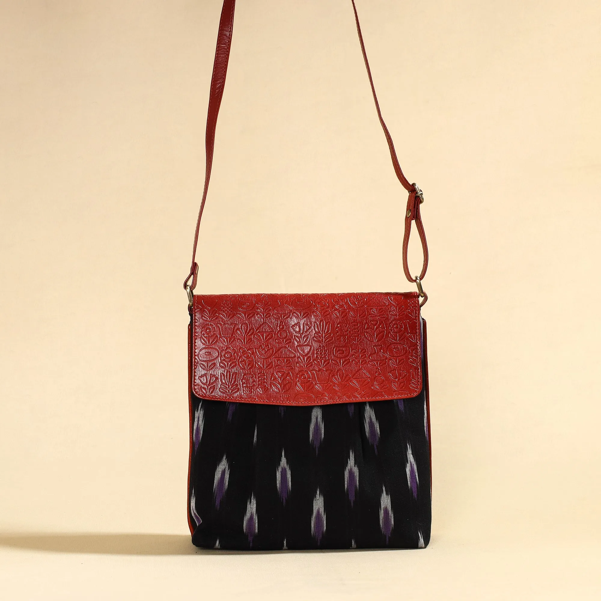 Black - Handcrafted Ikat Fabric Sling Bag with Embossed Leather Flap