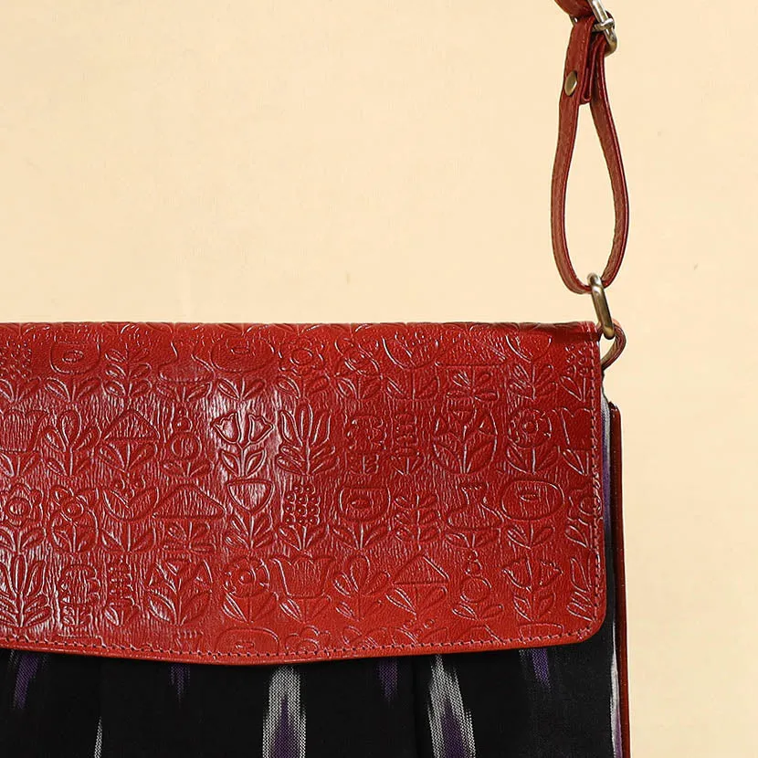 Black - Handcrafted Ikat Fabric Sling Bag with Embossed Leather Flap