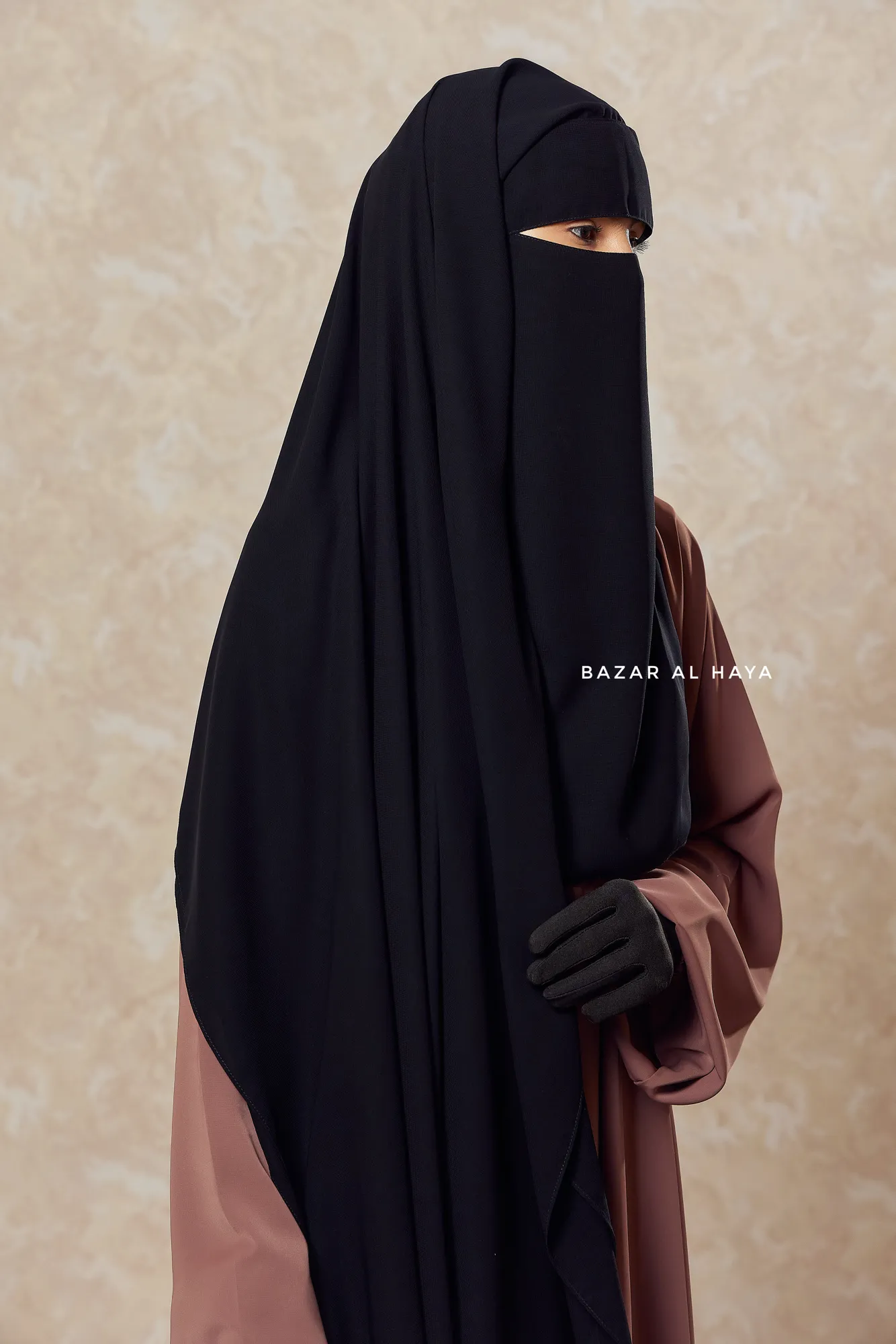 Black Two Layer Flap Niqab - Premium Wool Chiffon - Medium