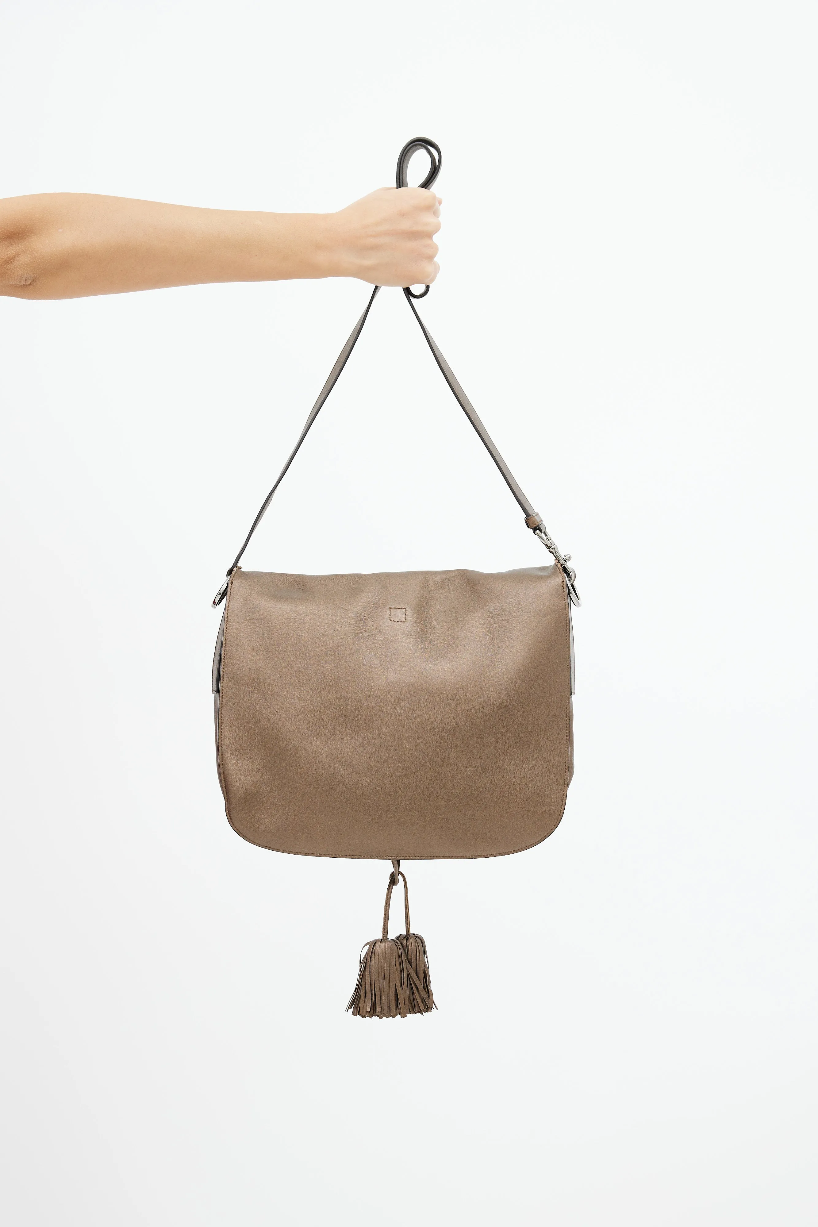 Brown Leather Anagram Tassel Shoulder Bag