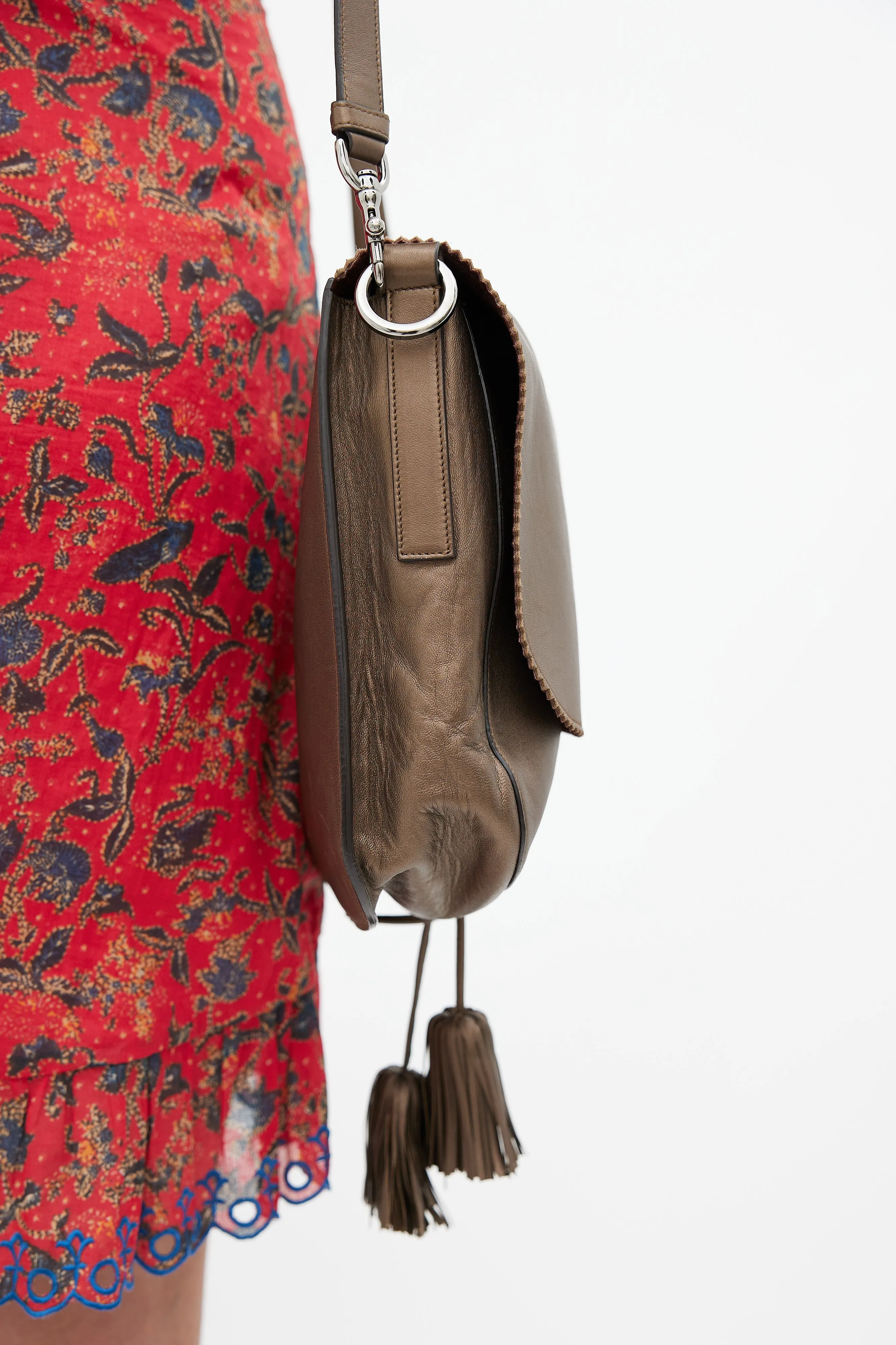 Brown Leather Anagram Tassel Shoulder Bag