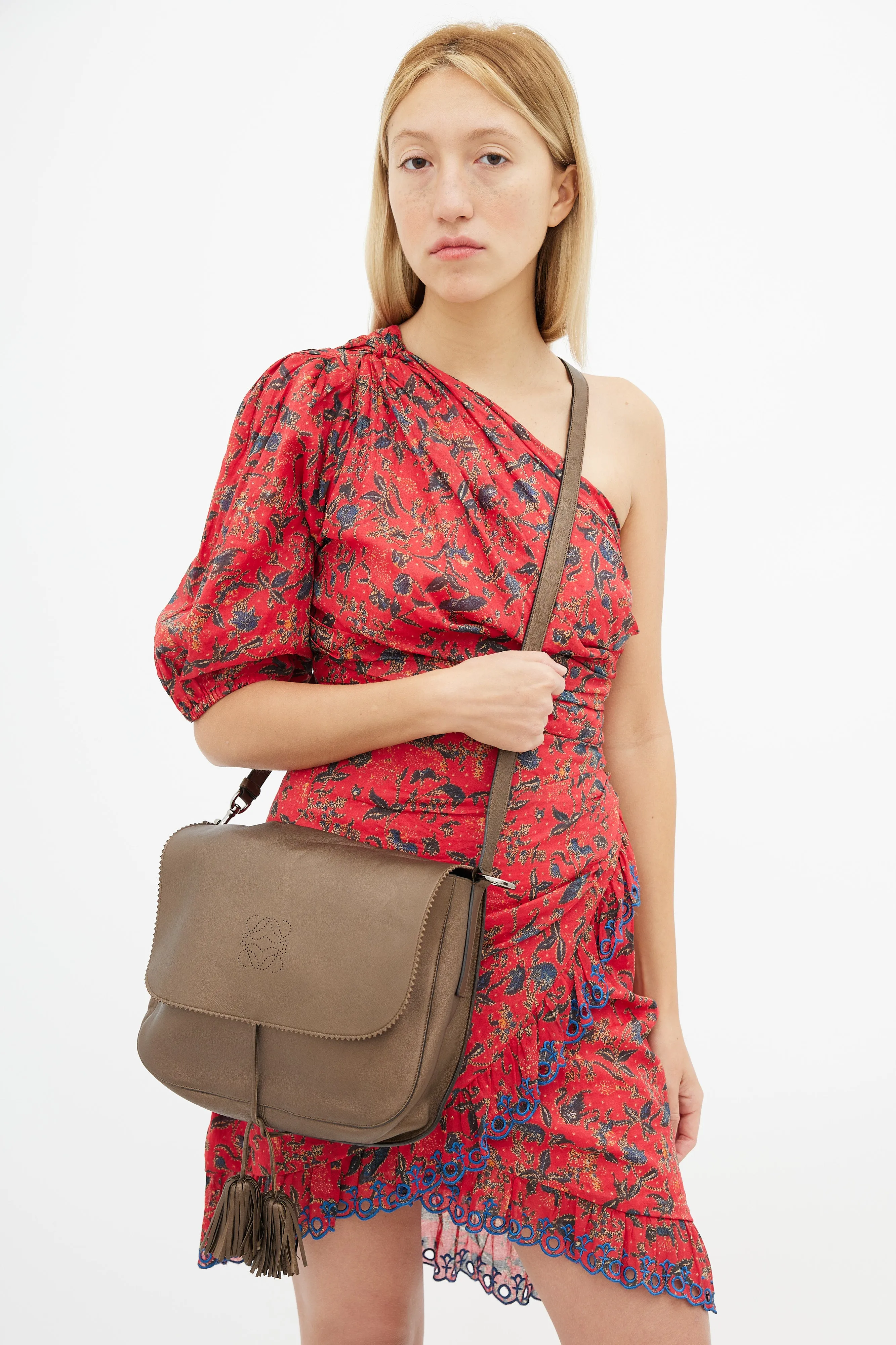 Brown Leather Anagram Tassel Shoulder Bag