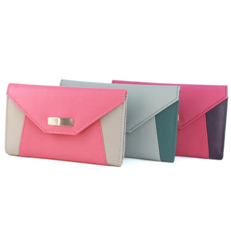 Genuine Soft Leather Purse RFID with contrast envelope style panels and metal bar Rose & Stone
