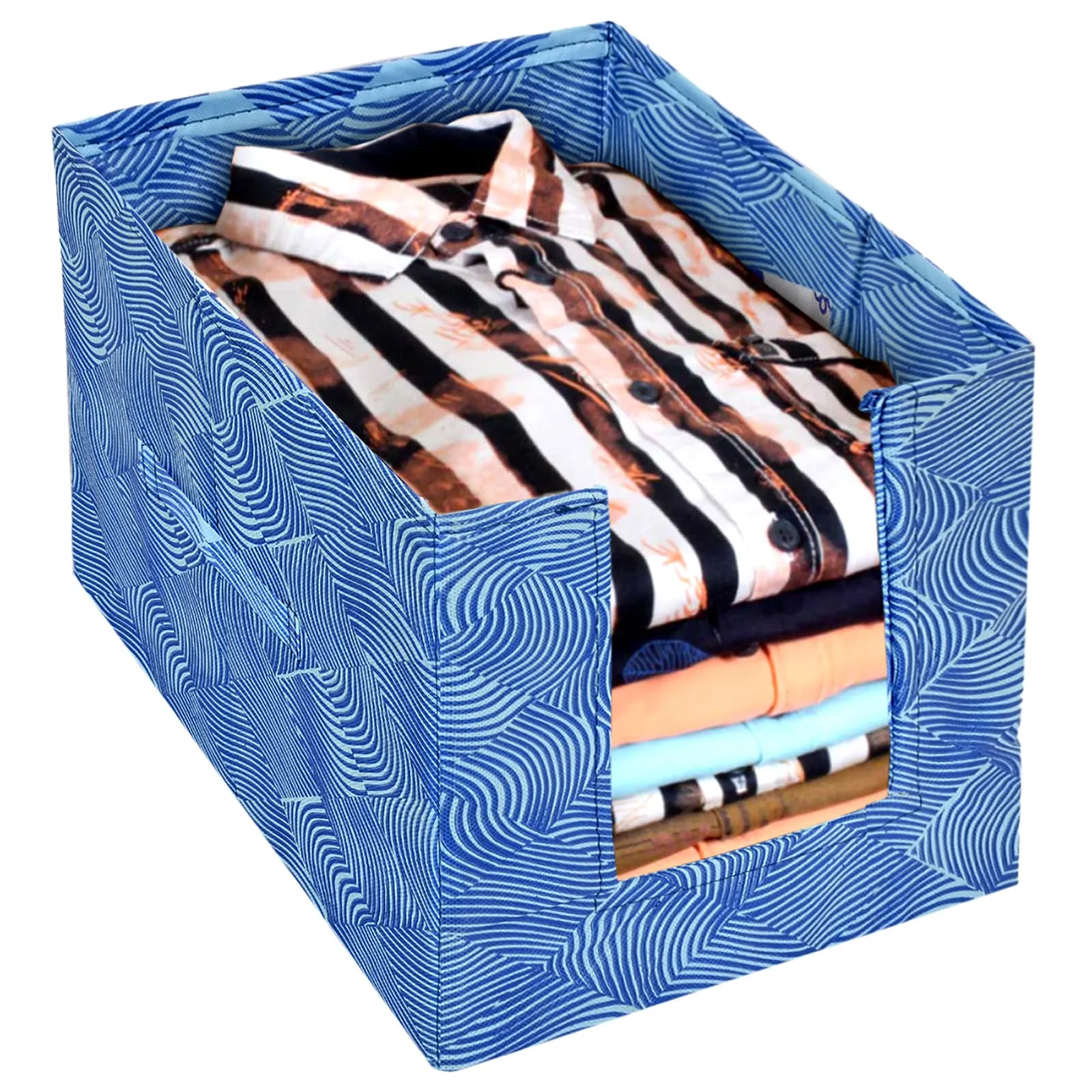 Heart Home Lehariya Printed Non-Woven Foldable Shirt Stacker Closet Organizer With Handles- Pack of 3 (Blue)-HS43HEARTH26490