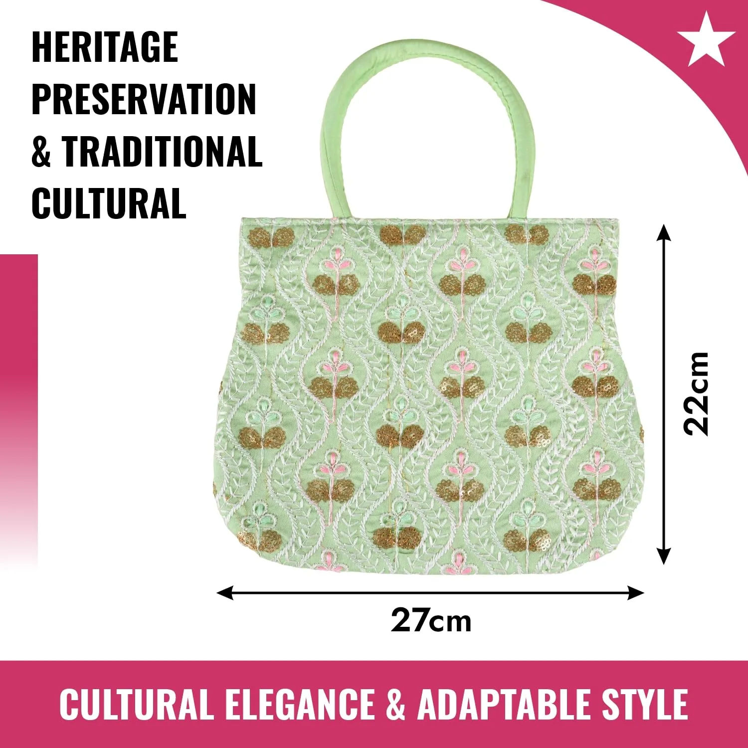 Kuber Industries Hand Bag|Traditional Hand Bag|Silk Wallet Hand Bag|Woman Tote Hand Bag|Ladies Purse Handbag|Gifts Hand Bag|Curved Shape Embroidery Hand Bag|Green