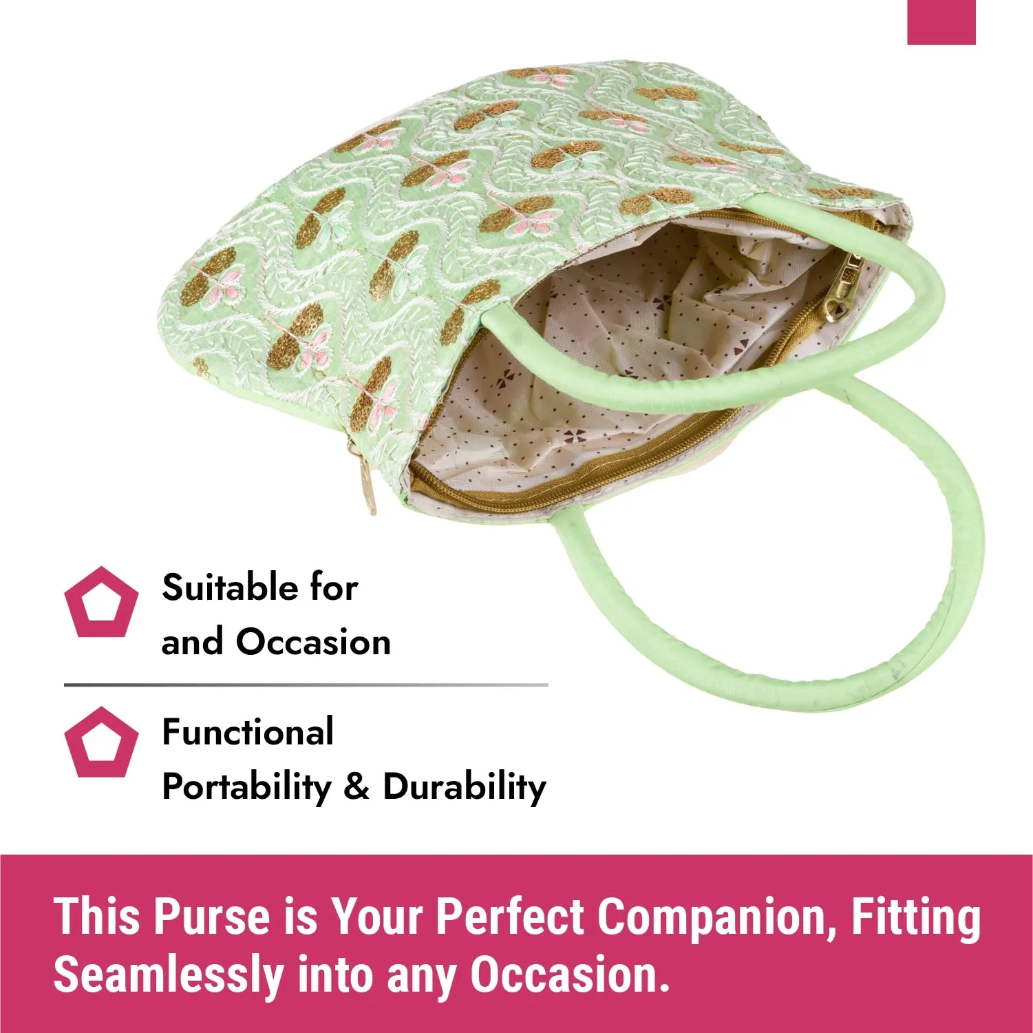 Kuber Industries Hand Bag|Traditional Hand Bag|Silk Wallet Hand Bag|Woman Tote Hand Bag|Ladies Purse Handbag|Gifts Hand Bag|Curved Shape Embroidery Hand Bag|Green