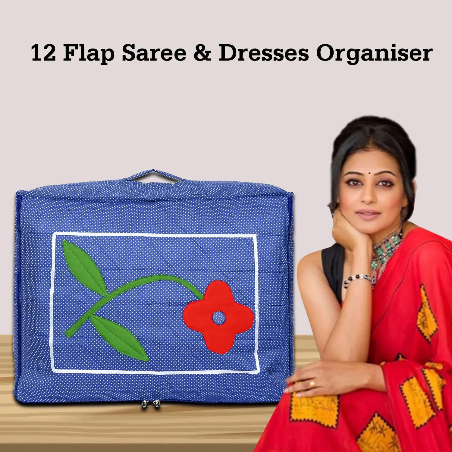 Kuber Industries Saree Cover for Clothes Storage|12 Flap Foldable Flower Polka Dot Design Large Saree Cover|Non Woven Wardrobe Organizer (Blue)