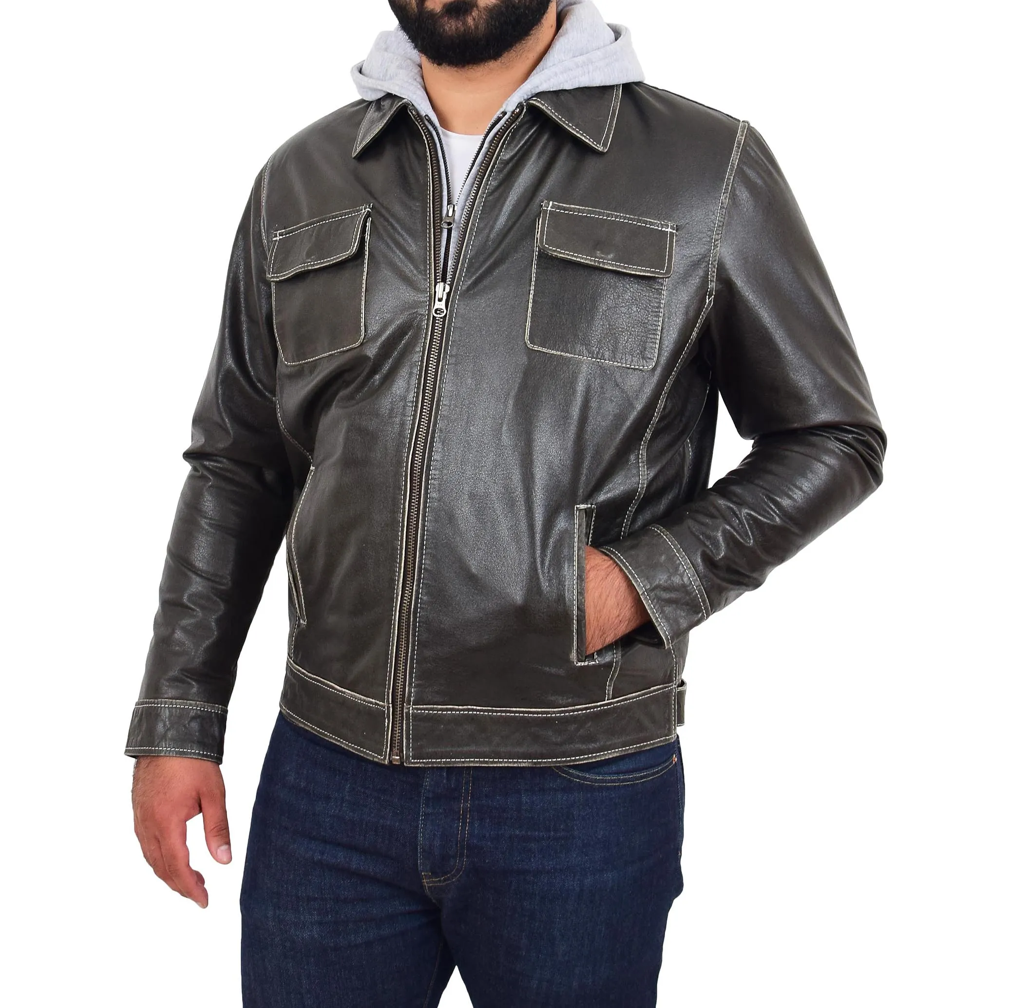 Mens Distressed Leather Biker Jacket Hooded Jason Grey