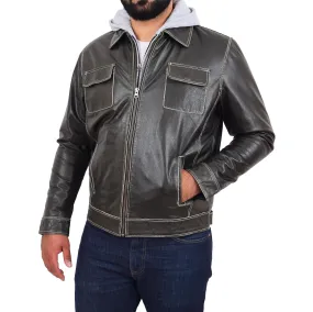 Mens Distressed Leather Biker Jacket Hooded Jason Grey