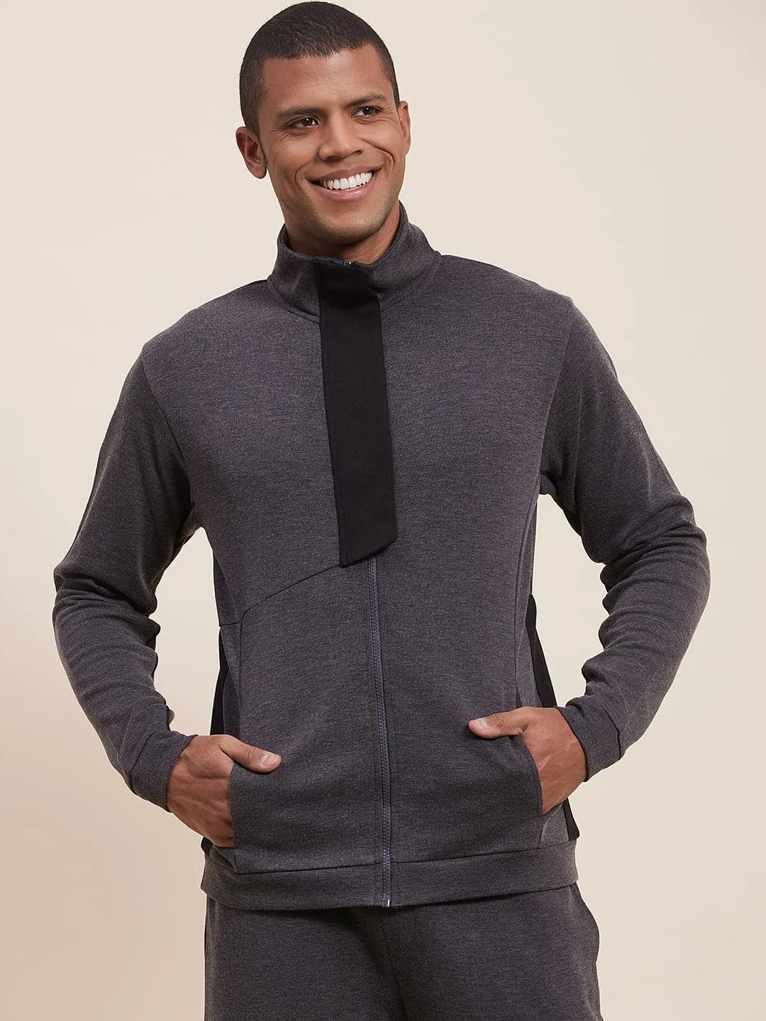 Men's Grey Melange High Neck Contrast Flap Jacket - LYUSH-MASCLN