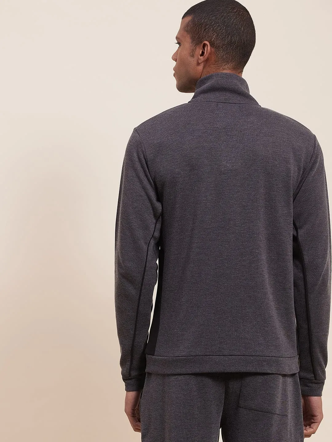 Men's Grey Melange High Neck Contrast Flap Jacket - LYUSH-MASCLN