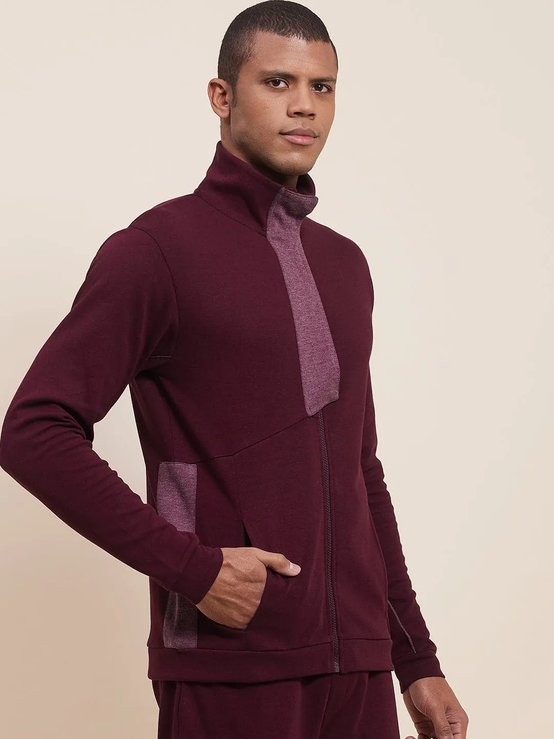 Men's Maroon High Neck Contrast Flap Jacket - LYUSH-MASCLN