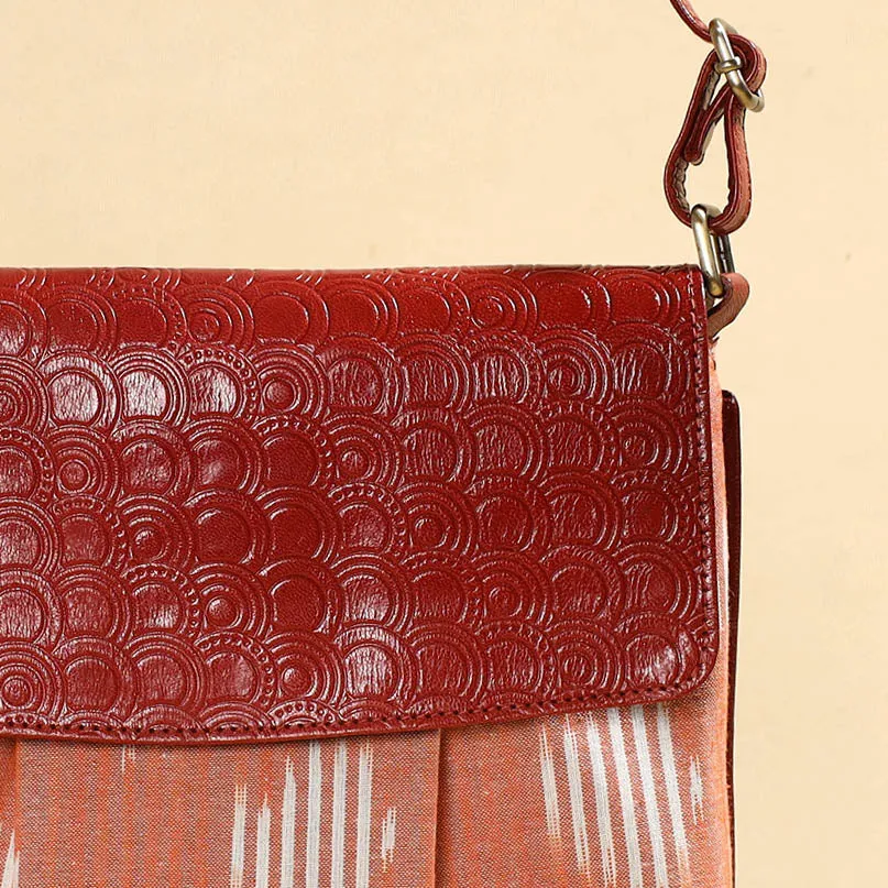 Peach - Handcrafted Ikat Fabric Sling Bag with Embossed Leather Flap
