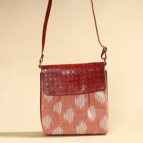 Peach - Handcrafted Ikat Fabric Sling Bag with Embossed Leather Flap