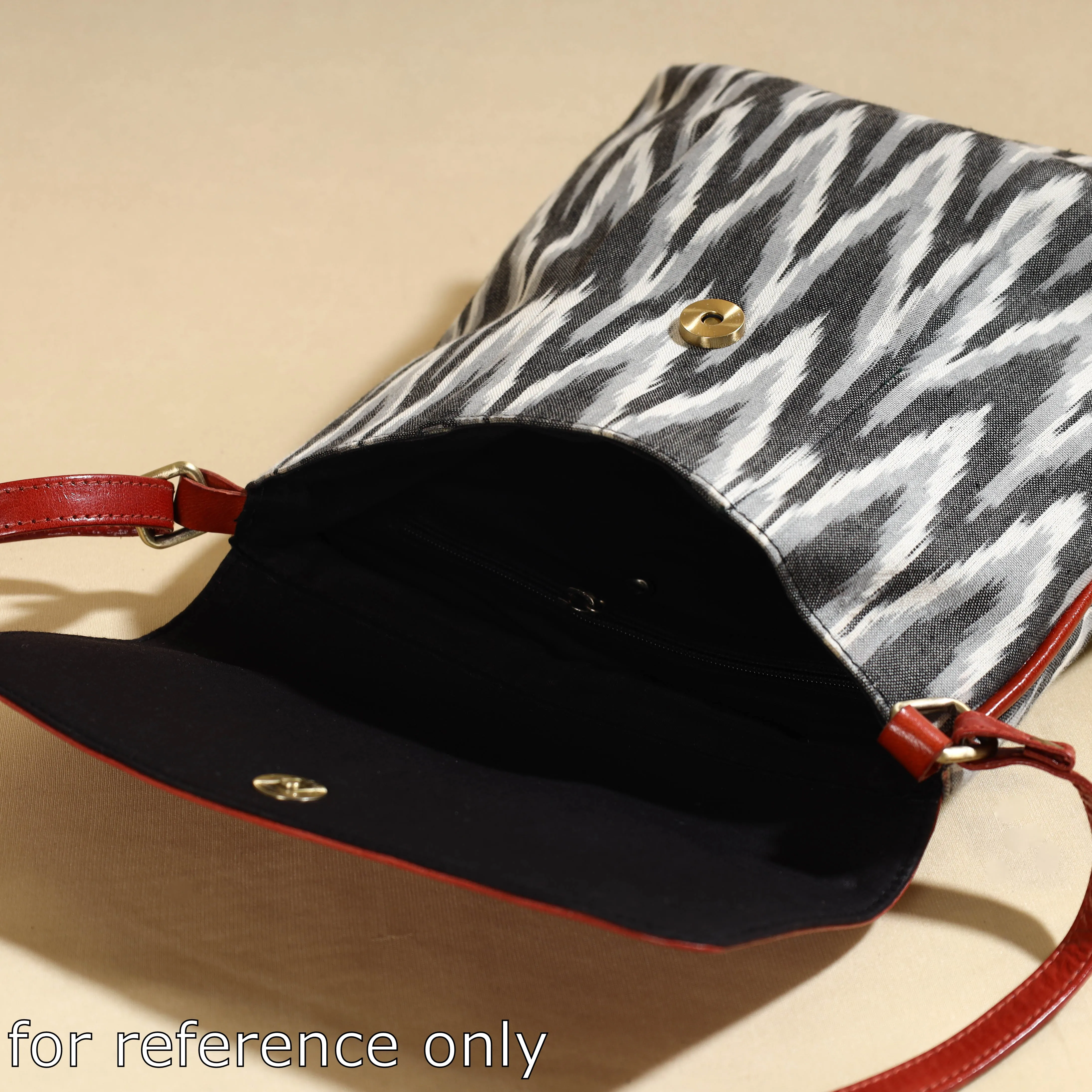 Peach - Handcrafted Ikat Fabric Sling Bag with Embossed Leather Flap