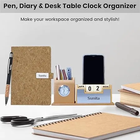 Personalized Desk Organizer With Diary Pen Set With Name - Cork Silver