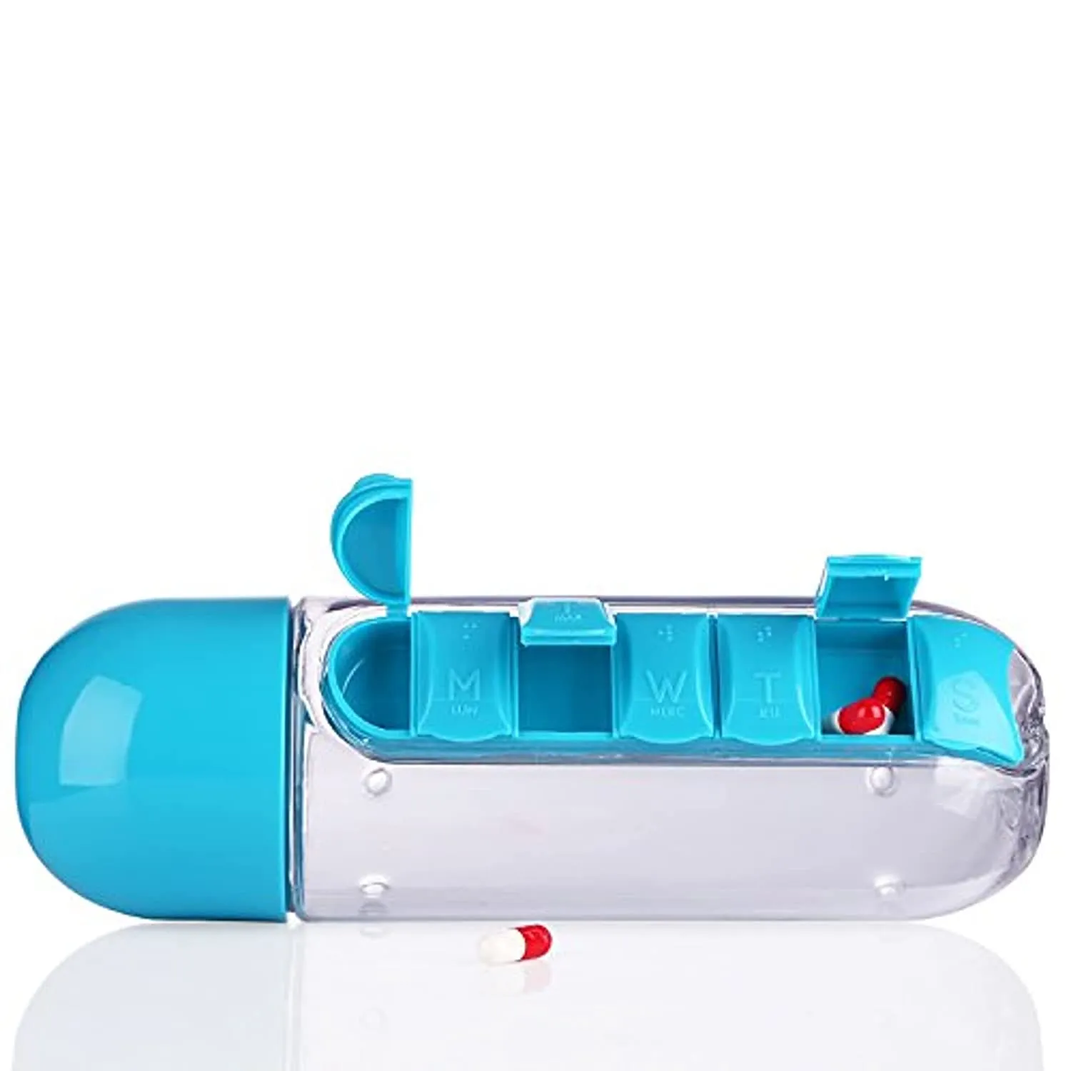Pill & Water Storage Organizer Traveling Time Usable Water Bottle | Removable Medicine Holder Compartment | Water Bottle Medicine Organizer Box (Multi Color)
