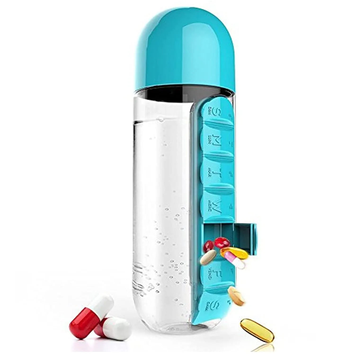 Pill & Water Storage Organizer Traveling Time Usable Water Bottle | Removable Medicine Holder Compartment | Water Bottle Medicine Organizer Box (Multi Color)