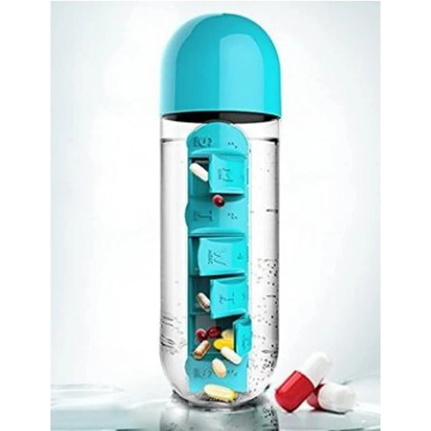 Pill & Water Storage Organizer Traveling Time Usable Water Bottle | Removable Medicine Holder Compartment | Water Bottle Medicine Organizer Box (Multi Color)