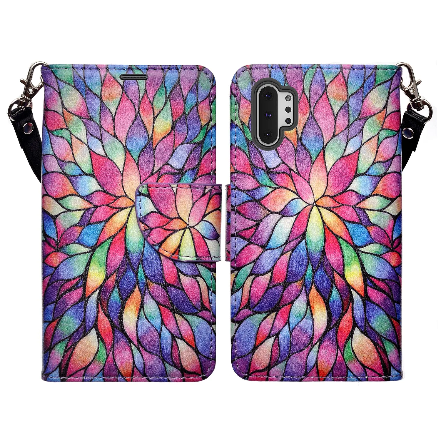 Samsung Galaxy Note 10  Case, Galaxy Note 10 Plus Wallet Case, Wrist Strap Pu Leather Wallet Case [Kickstand] with ID & Credit Card Slots - Rainbow Flower