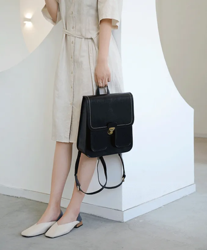 Small Womens Black Backpack Genuine Leather Satchel Backpack