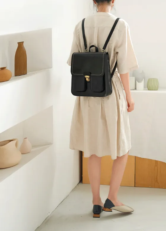 Small Womens Black Backpack Genuine Leather Satchel Backpack