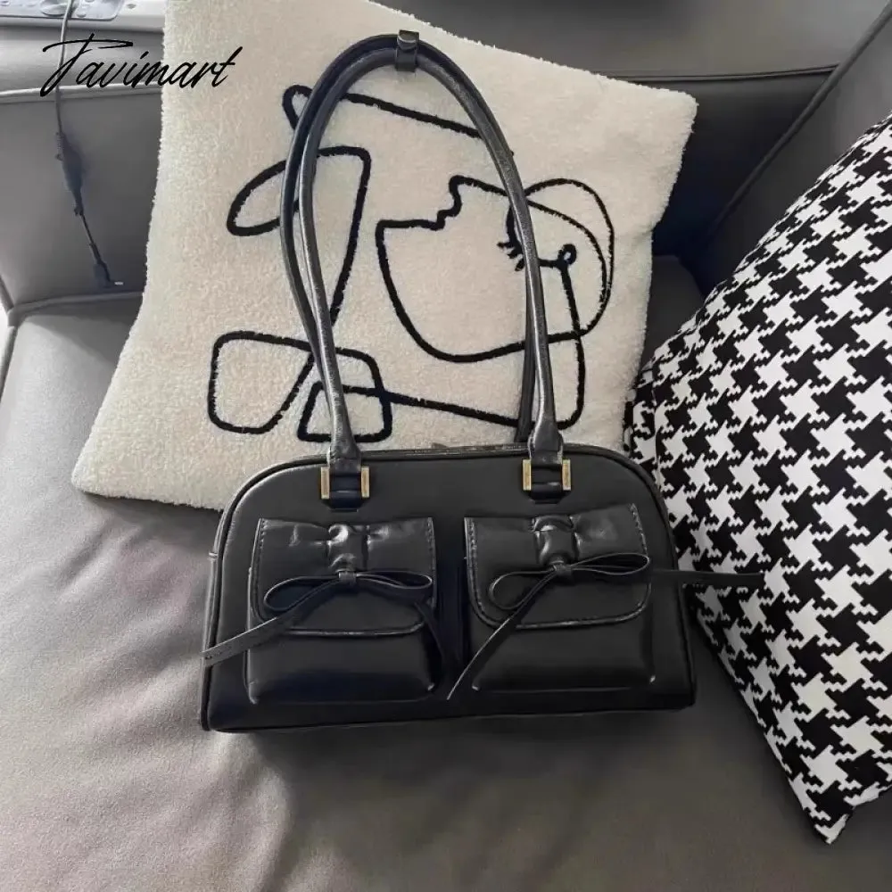 TAVIMART  -  Pink Elegant Womens Shoulder Bag Plaid Bow Vintage Leather Cute Leather Handbag Casual Sweet Bow Exquisite New Armpit Bag