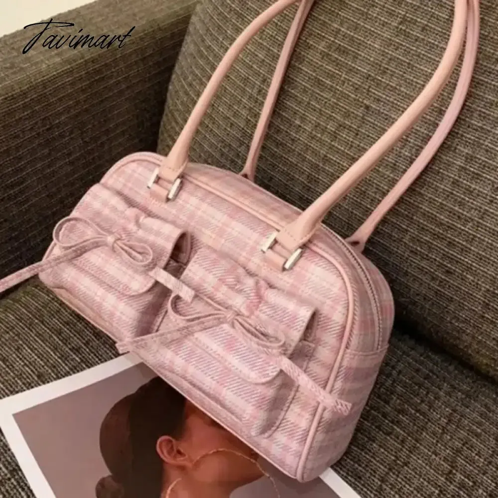 TAVIMART  -  Pink Elegant Womens Shoulder Bag Plaid Bow Vintage Leather Cute Leather Handbag Casual Sweet Bow Exquisite New Armpit Bag