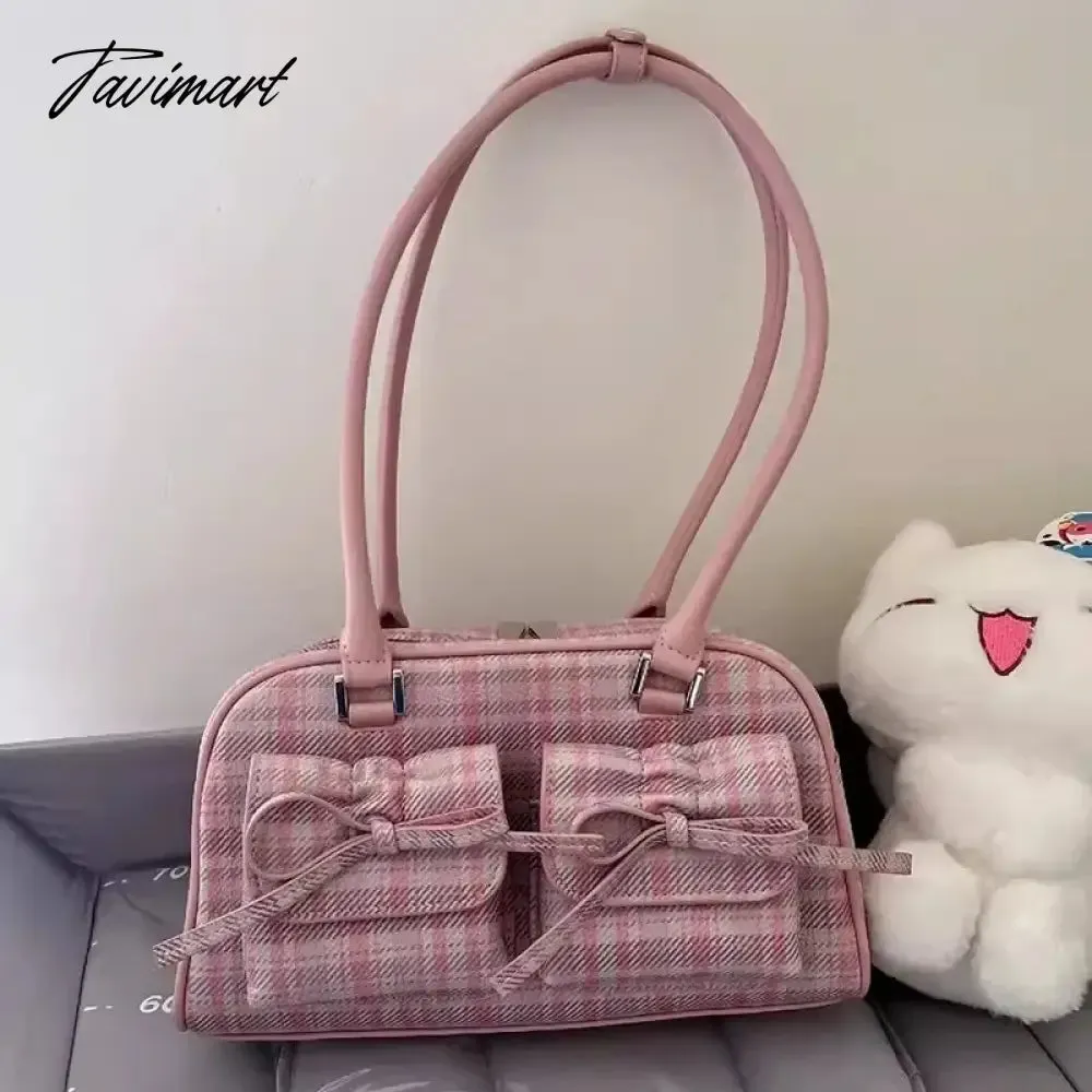TAVIMART  -  Pink Elegant Womens Shoulder Bag Plaid Bow Vintage Leather Cute Leather Handbag Casual Sweet Bow Exquisite New Armpit Bag