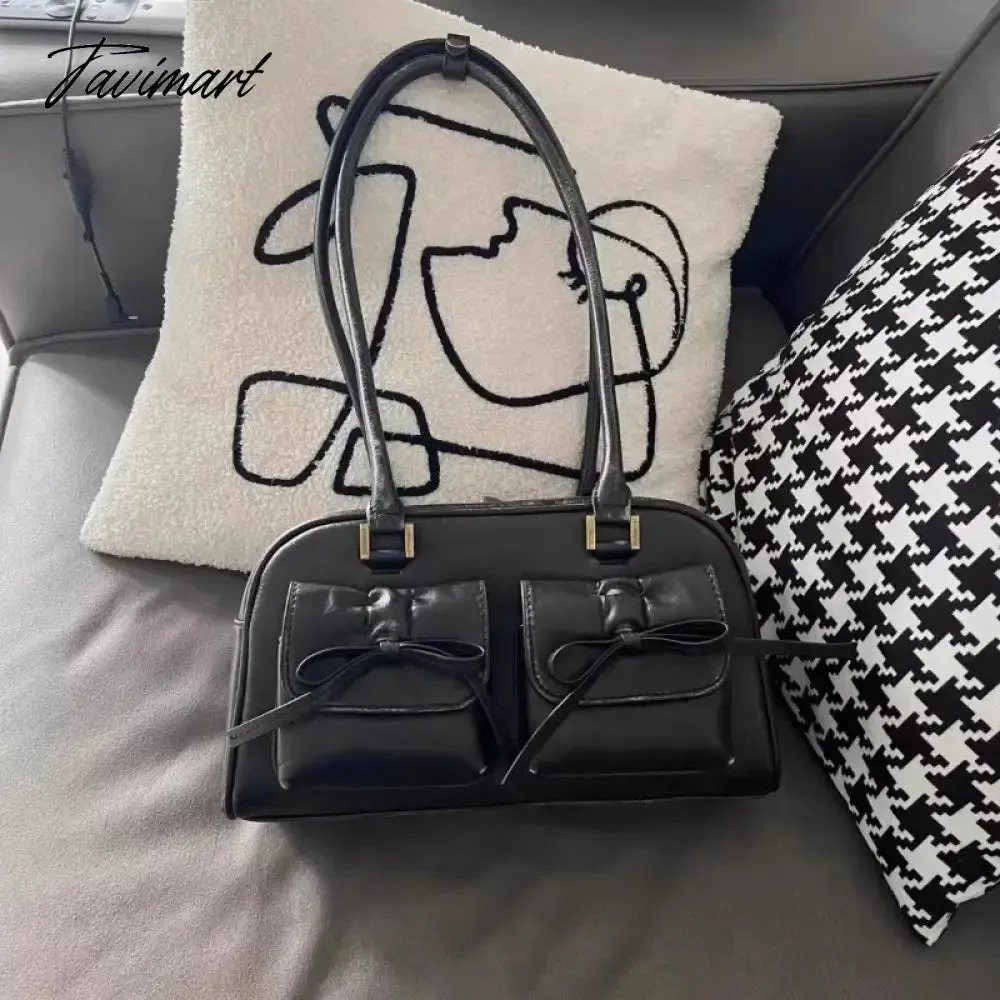 TAVIMART  -  Pink Elegant Womens Shoulder Bag Plaid Bow Vintage Leather Cute Leather Handbag Casual Sweet Bow Exquisite New Armpit Bag
