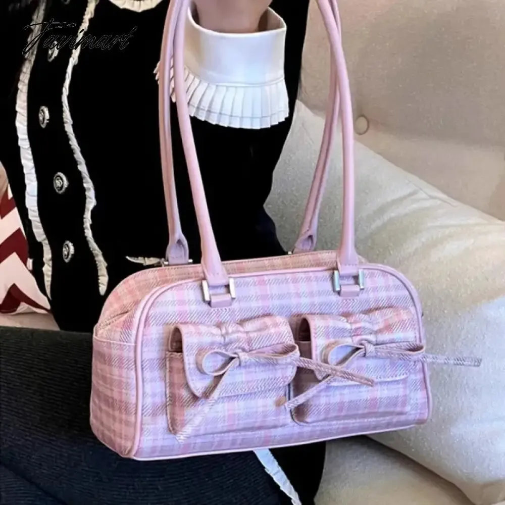 TAVIMART  -  Pink Elegant Womens Shoulder Bag Plaid Bow Vintage Leather Cute Leather Handbag Casual Sweet Bow Exquisite New Armpit Bag