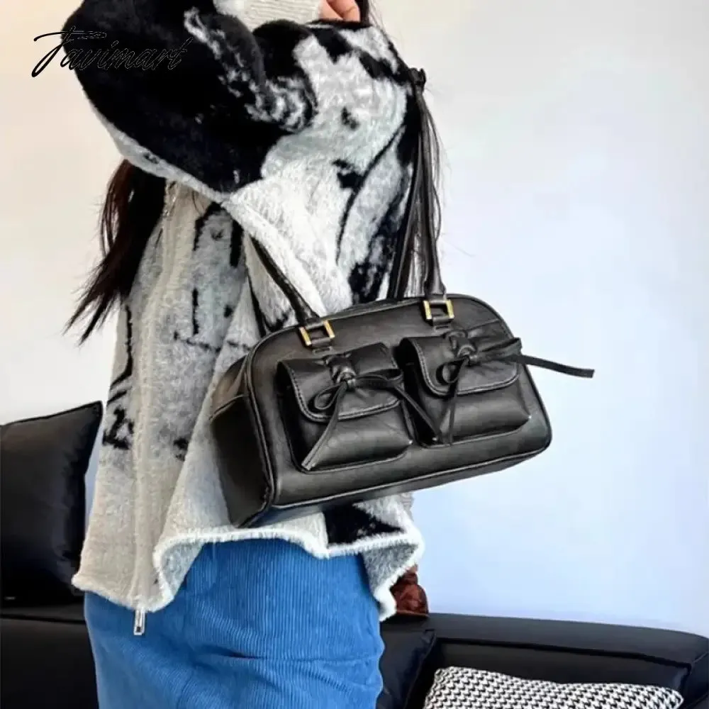 TAVIMART  -  Pink Elegant Womens Shoulder Bag Plaid Bow Vintage Leather Cute Leather Handbag Casual Sweet Bow Exquisite New Armpit Bag