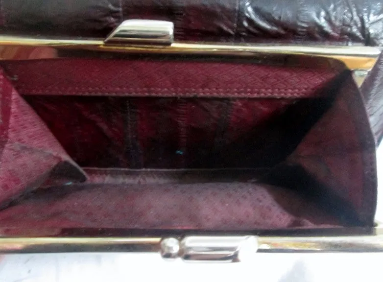 Vtg EEL Leather Wallet Organizer Photo Holder Change Purse BURGUNDY RED BROWN