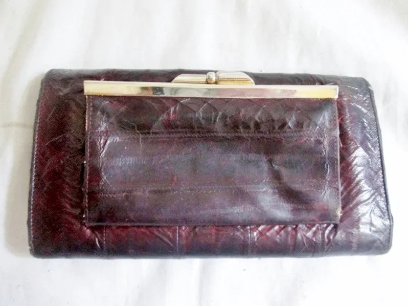 Vtg EEL Leather Wallet Organizer Photo Holder Change Purse BURGUNDY RED BROWN