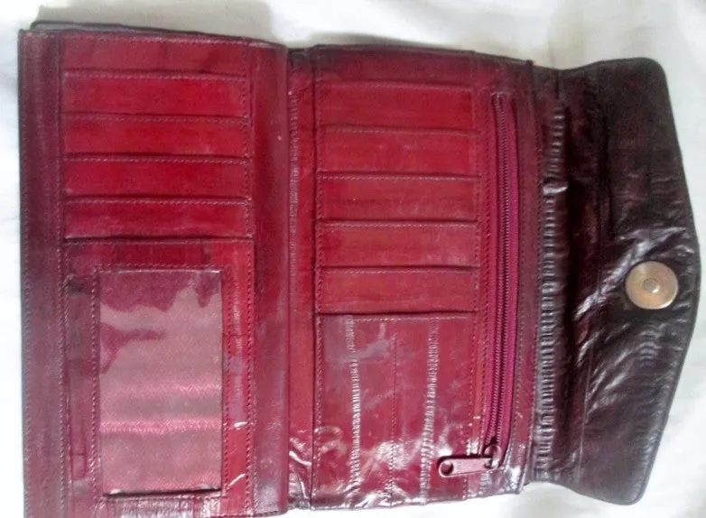 Vtg EEL Leather Wallet Organizer Photo Holder Change Purse BURGUNDY RED BROWN