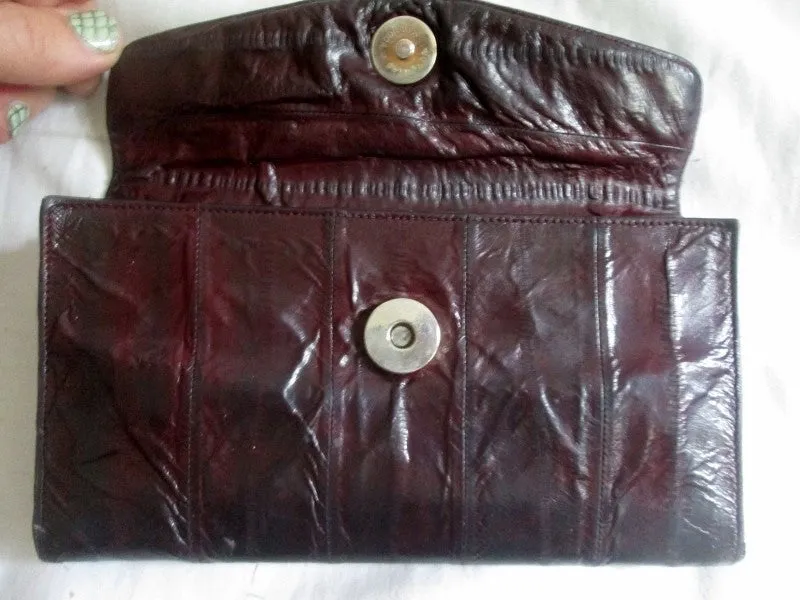 Vtg EEL Leather Wallet Organizer Photo Holder Change Purse BURGUNDY RED BROWN