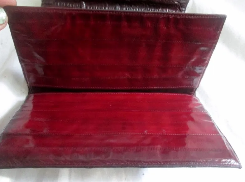 Vtg EEL Leather Wallet Organizer Photo Holder Change Purse BURGUNDY RED BROWN